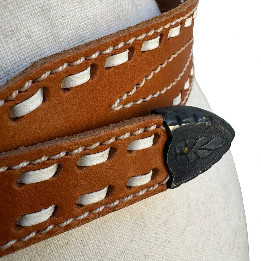 Gilles Herve Paris Tan Leather Whipstitch‎ Western Belt Made in France Size 80